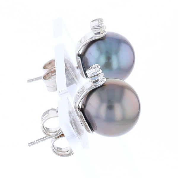 Cultured Gray Pearl Stud White Gold Earrings with Diamond Accent