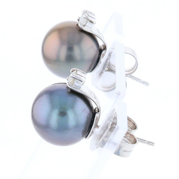 Cultured Gray Pearl Stud White Gold Earrings with Diamond Accent