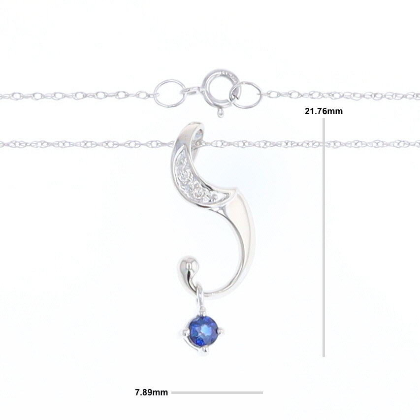 White Gold Swirl Drop Necklace with Sapphire and Diamond Accents