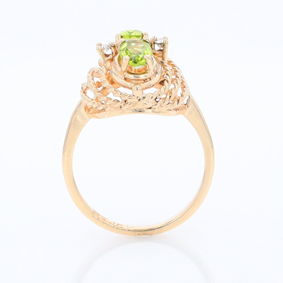 Two Oval Peridot and Diamond Rope Design Gold Ring