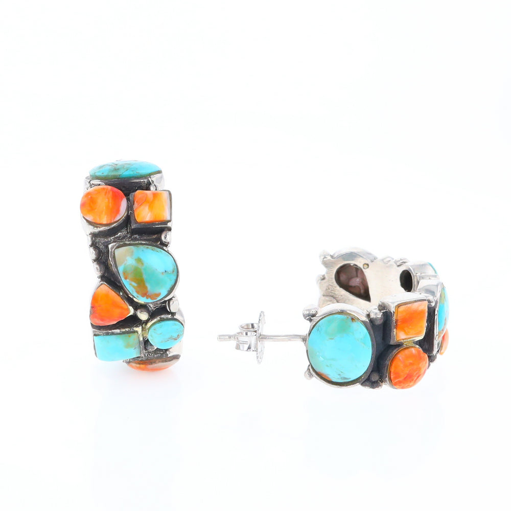 Turquoise & Spiny Oyster Semi-Hoop Stud Earrings