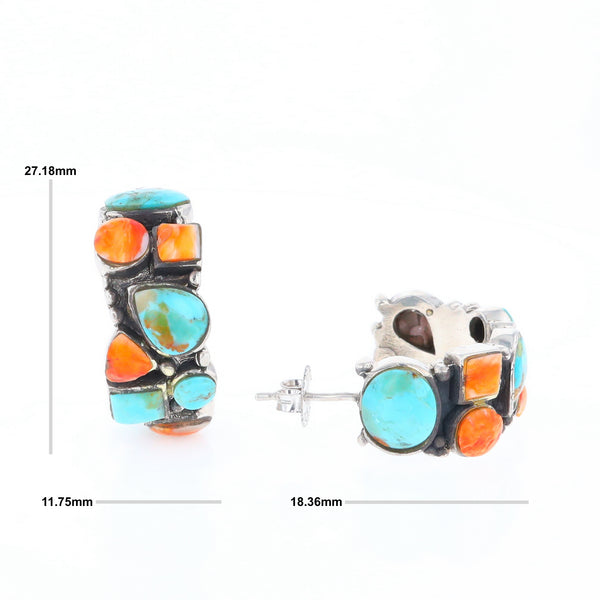 Turquoise & Spiny Oyster Semi-Hoop Stud Earrings