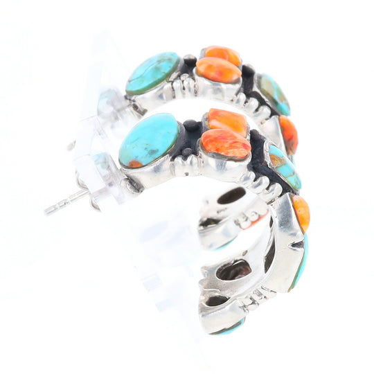 Turquoise & Spiny Oyster Semi-Hoop Stud Earrings