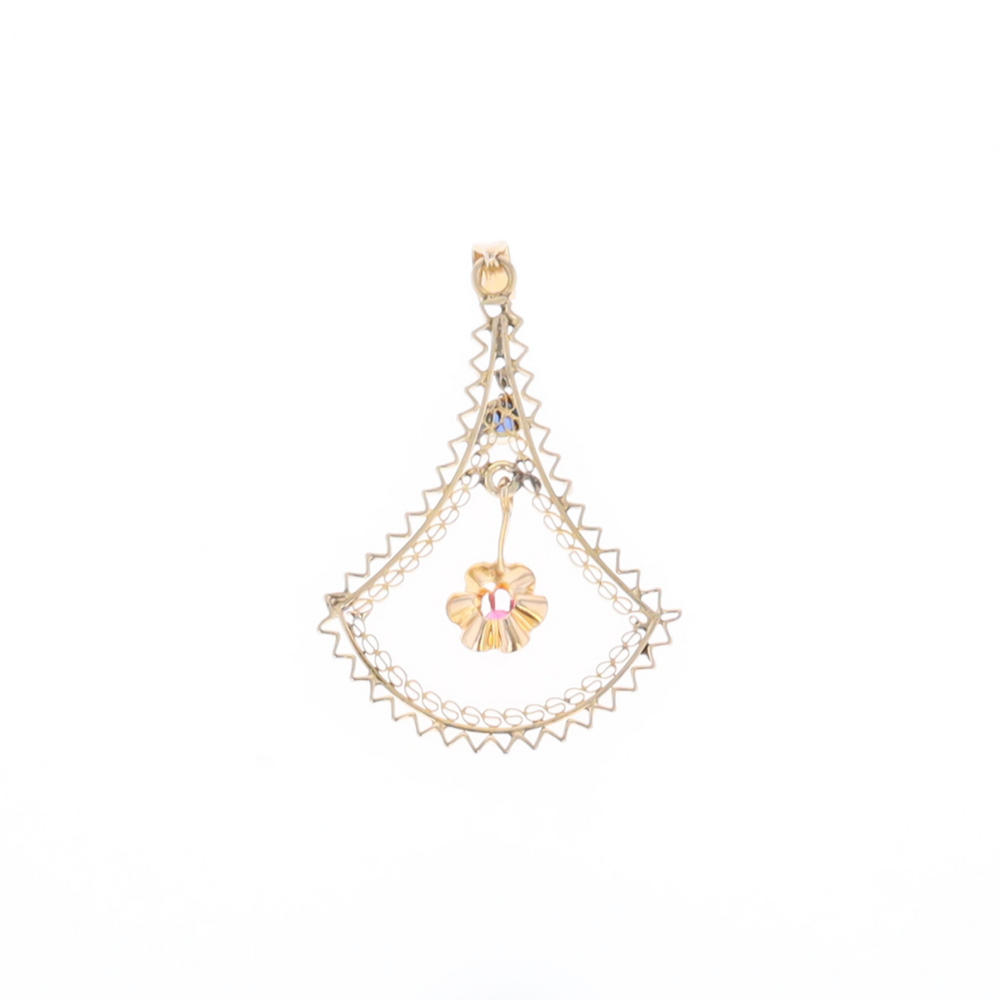 Vintage Buttercup Dangle Ruby Scrollwork Pendant