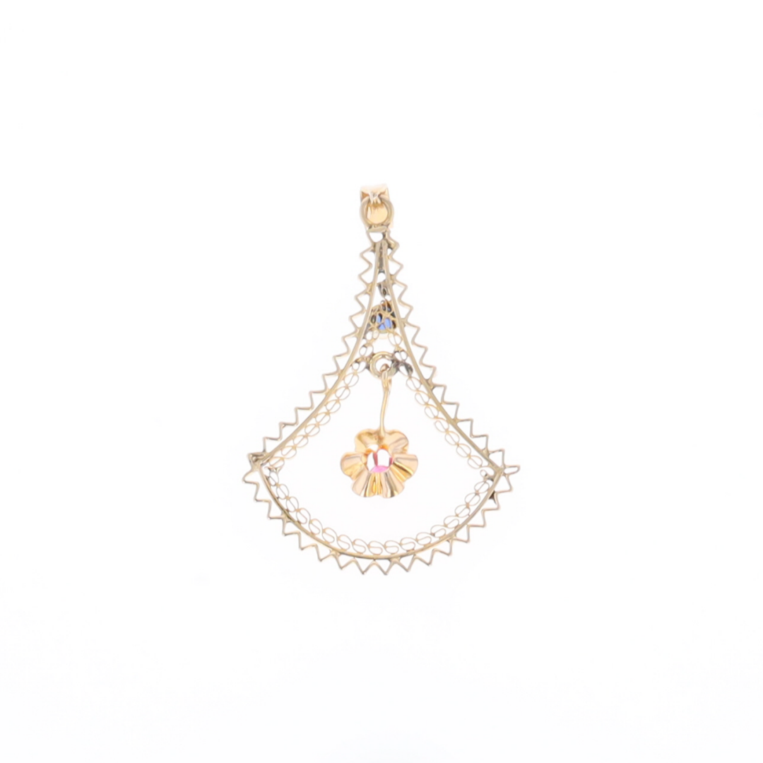 Vintage Buttercup Dangle Ruby Scrollwork Pendant