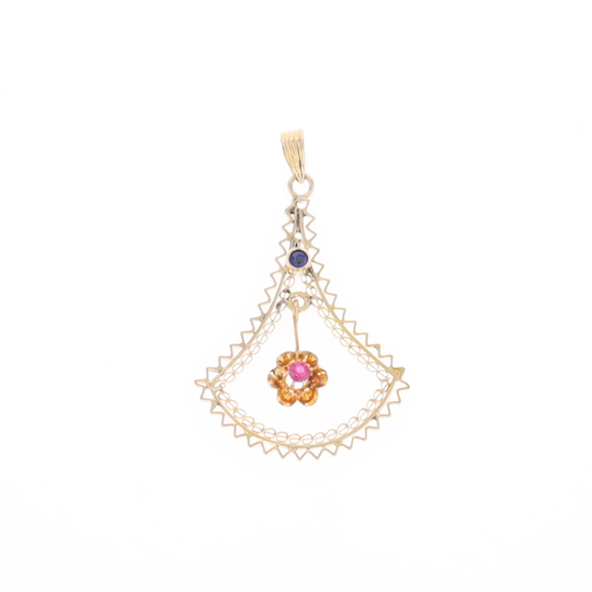 Vintage Buttercup Dangle Ruby Scrollwork Pendant