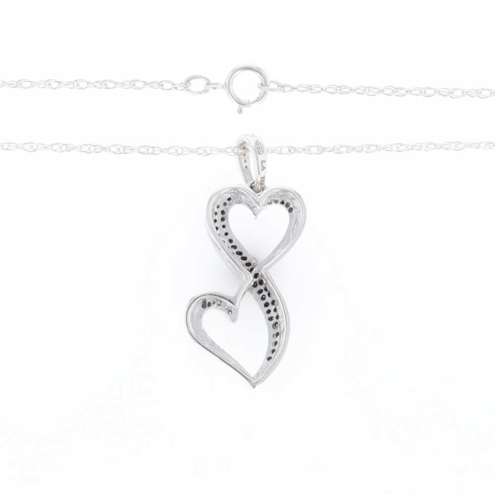 Blue and White Diamond Double Open Heart Pendant with 16" Singapore Chain