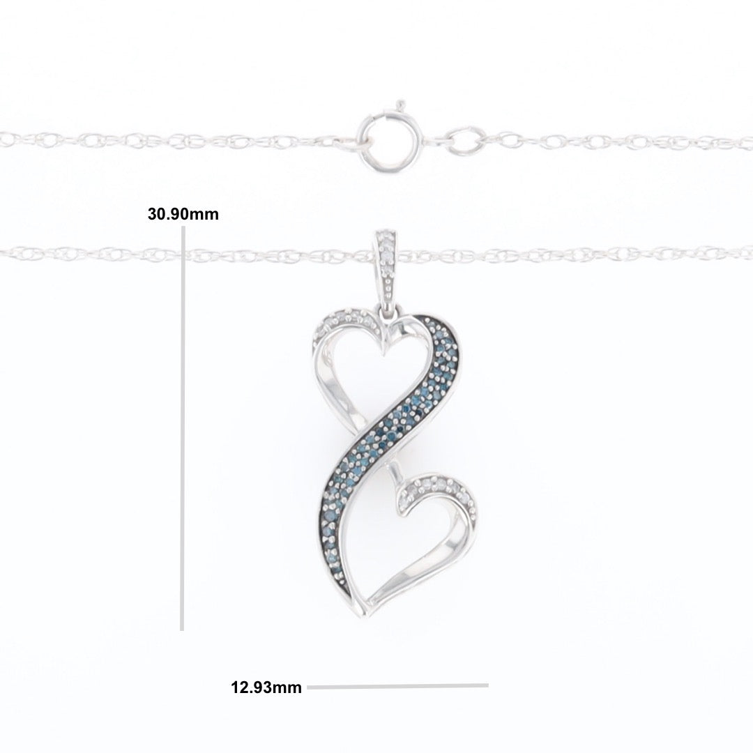 Blue and White Diamond Double Open Heart Pendant with 16" Singapore Chain