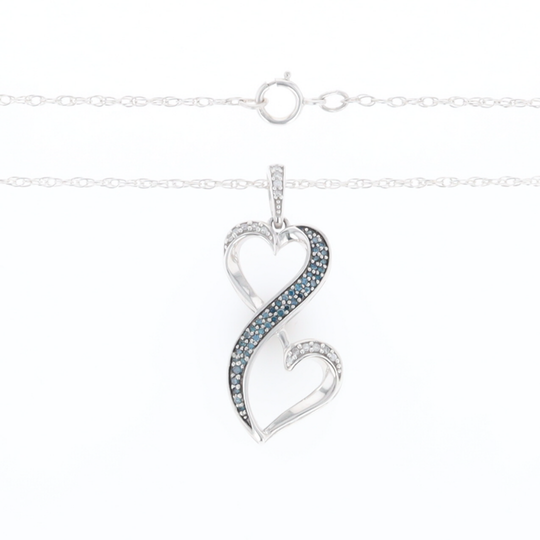Blue and White Diamond Double Open Heart Pendant with 16" Singapore Chain