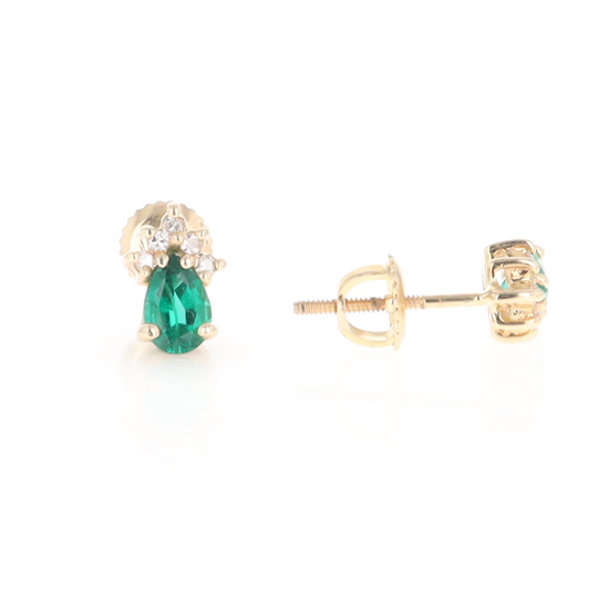 Synthetic Emerald Pear Shaped Earrings with Diamond Accents