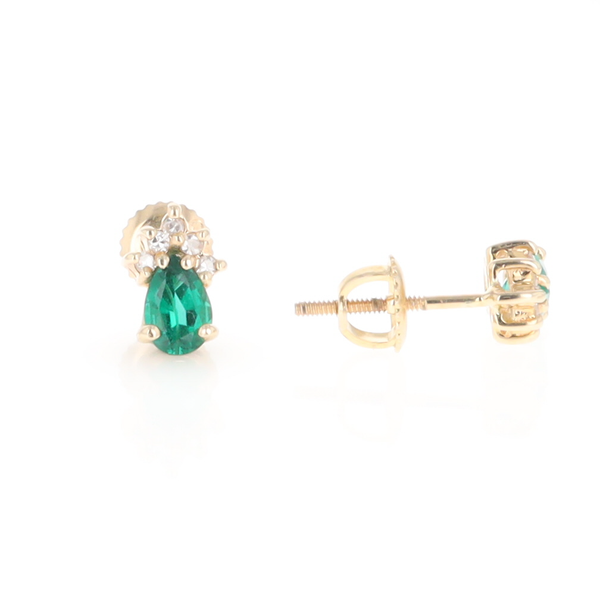 Synthetic Emerald Pear Shaped Earrings with Diamond Accents
