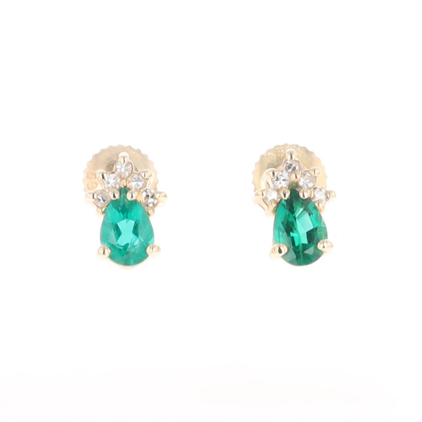 Synthetic Emerald Pear Shaped Earrings with Diamond Accents