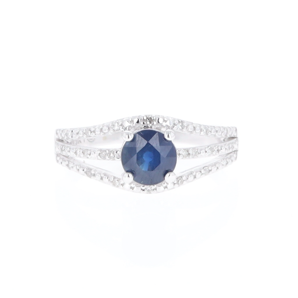 Blue Sapphire Triple Shank Ring With Accent Diamonds