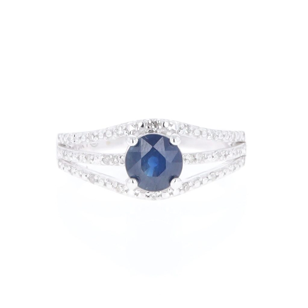 Blue Sapphire Triple Shank Ring With Accent Diamonds