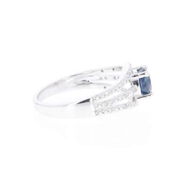 Blue Sapphire Triple Shank Ring With Accent Diamonds