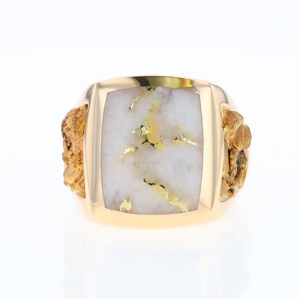 Gold Quartz Ring Double Side Natural Nuggets Rectangle Inlaid Center G1