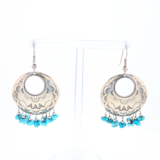 Stamped Silver Hook Earrings with Turquoise Dangles