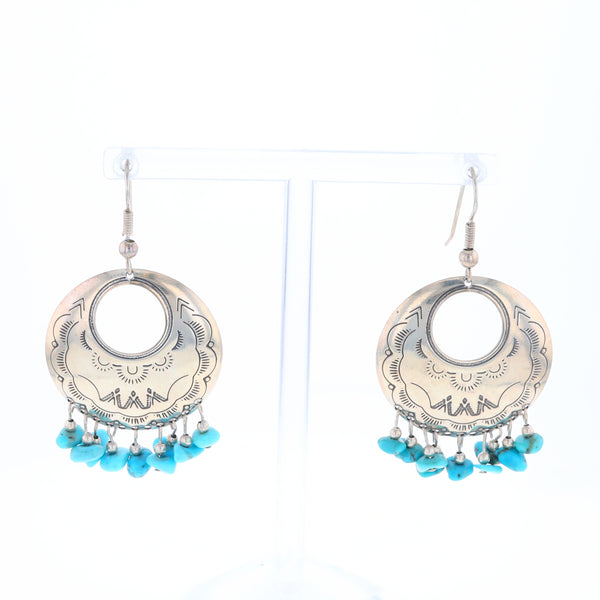 Stamped Silver Hook Earrings with Turquoise Dangles