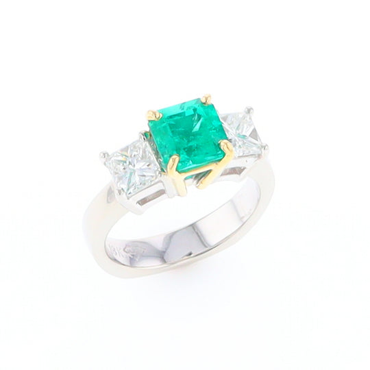 Three-Stone-Row Emerald and Diamond Ring