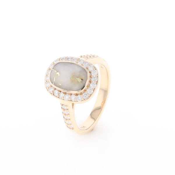 Rectangular Gold Quartz Inlaid Ring with 0.65ctw Diamond Halo