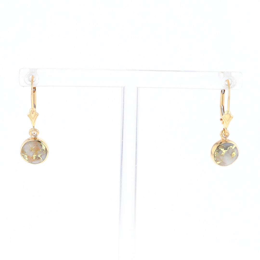 Gold Quartz Earrings Round Inlaid Design Lever Backs