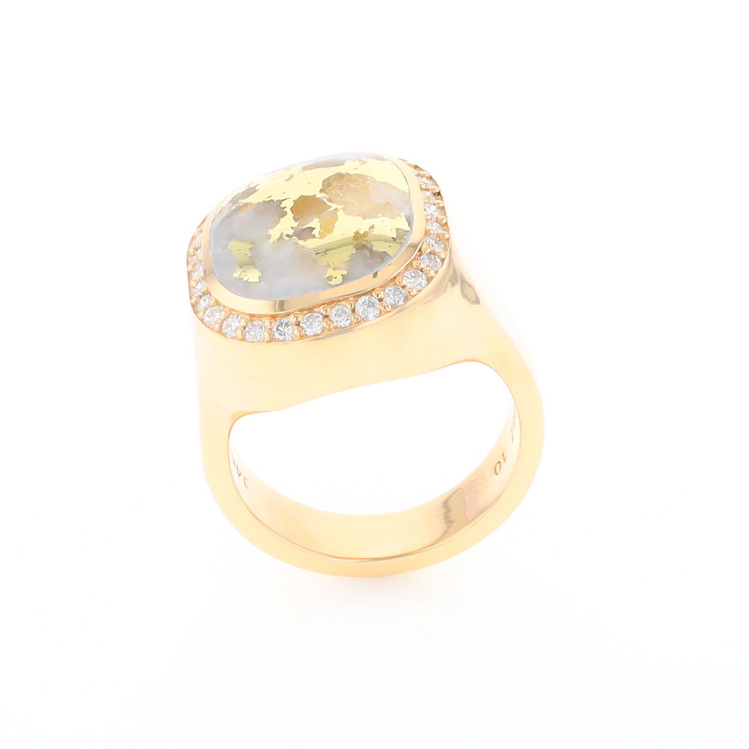 Gold Quartz Cushion Inlaid Men's Ring with Diamond Halo