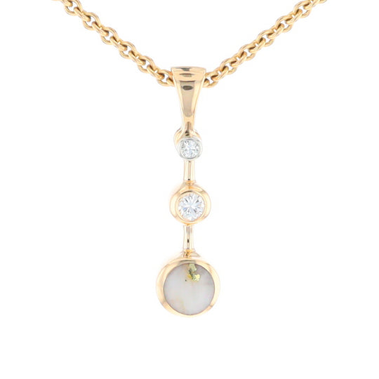 Gold Quartz Necklace Round Inlaid Design Pendant With .10ctw Round Diamond