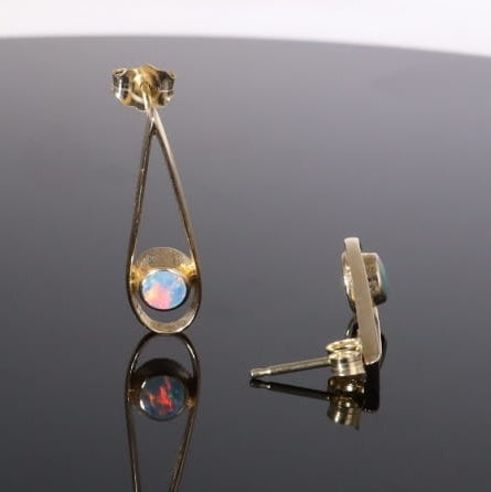 Opal Earrings Round Inlaid Open Tear Drop Design Studs