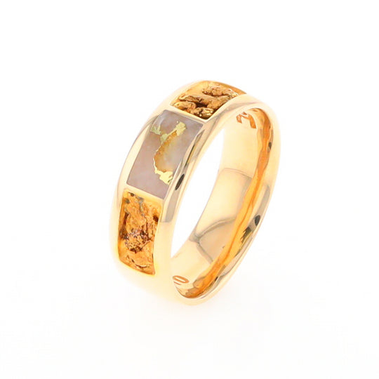 Gold Quartz Ring Rectangle Inlaid with Natural Nugget Sides