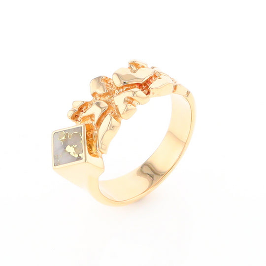 Gold Quartz Ring Diamond Shape Inlay Nugget Design Band