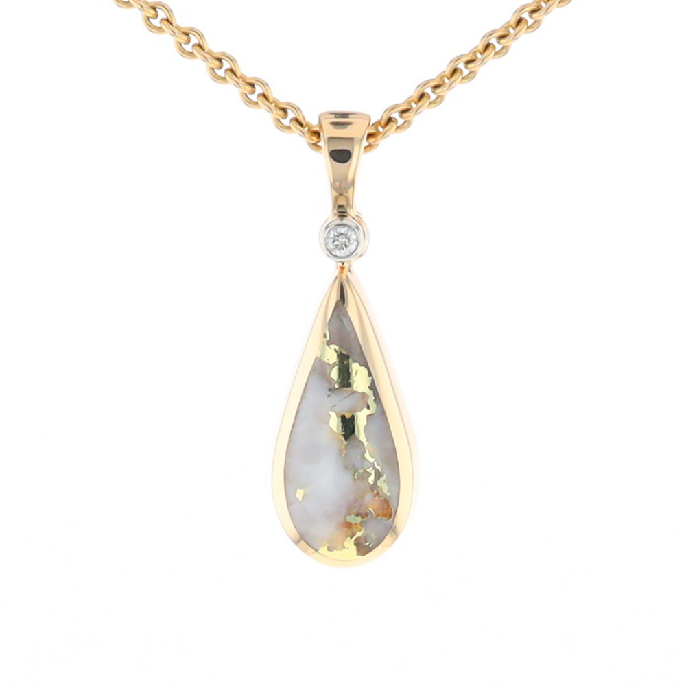 Gold Quartz Necklace Tear Drop Inlaid Pendant with .02ct Diamond