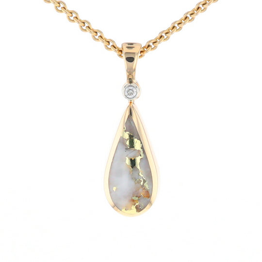 Gold Quartz Necklace Tear Drop Inlaid Pendant with .02ct Diamond