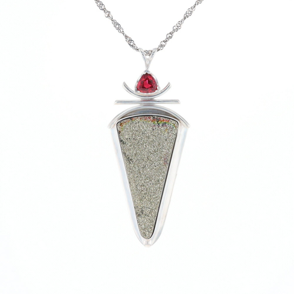 Druzy Quartz & Pink Trillion Tourmaline Pendant