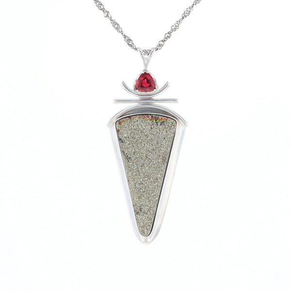 Druzy Quartz & Pink Trillion Tourmaline Pendant