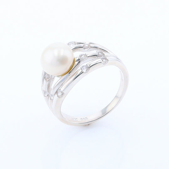 Pearl Bamboo Ring with Cubic Zirconia Accents