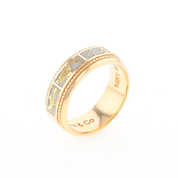 Gold Quartz Ring 3 Section Rectangle Inlaid Milgrain Border Band G1