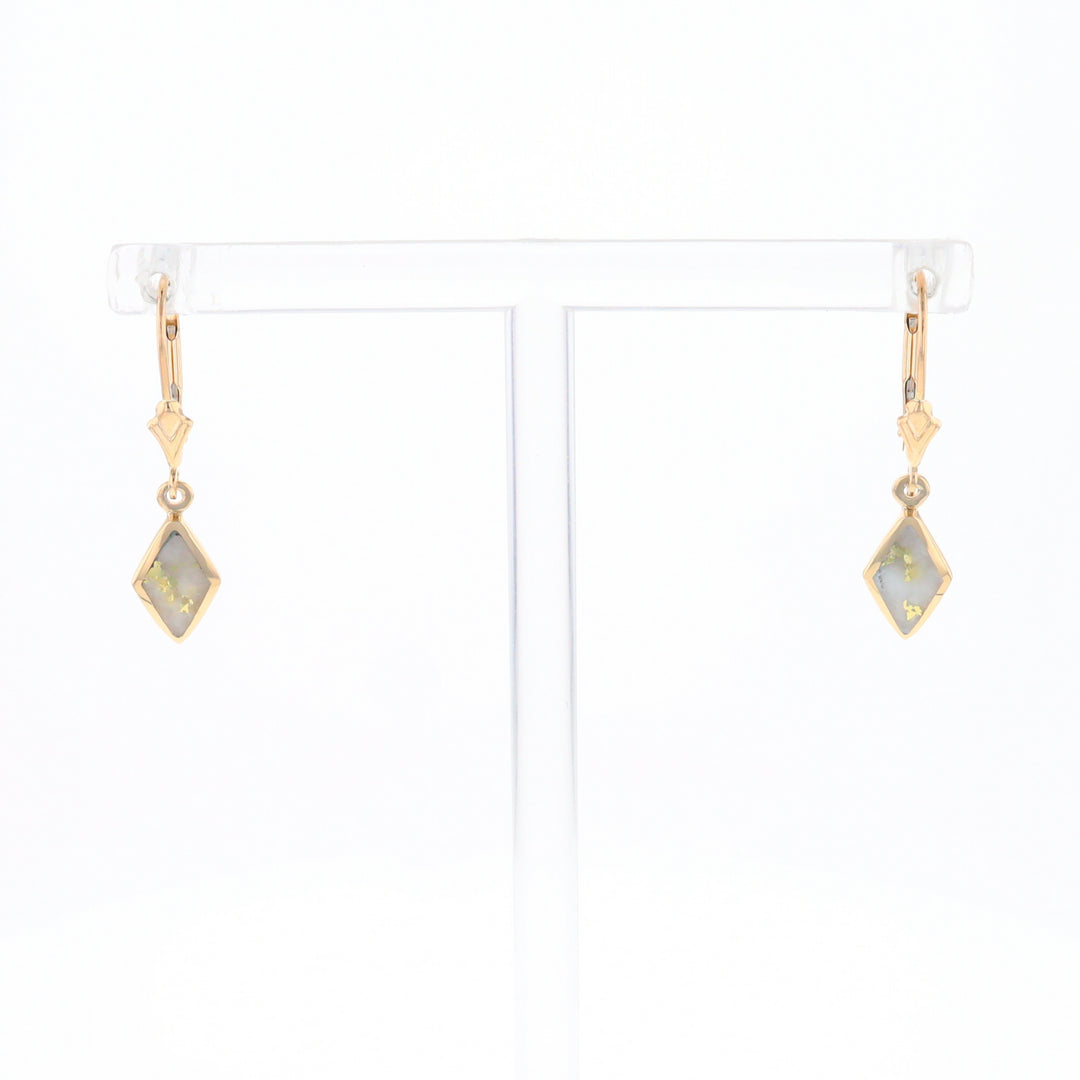 Gold Quartz Earrings Diamond Shape Inlaid Lever Backs G1