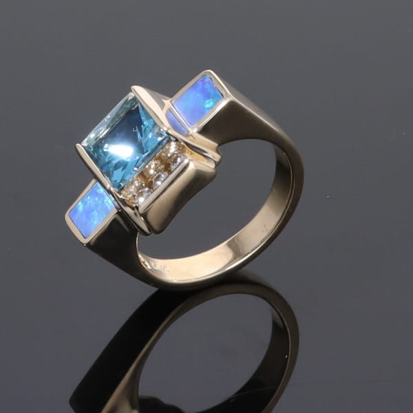 Opal Rings Inlaid Sides Swiss Blue Topaz Center with .24ctw Diamonds
