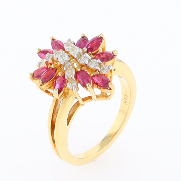 14K Gold Natural Ruby and Diamond Cluster Ring