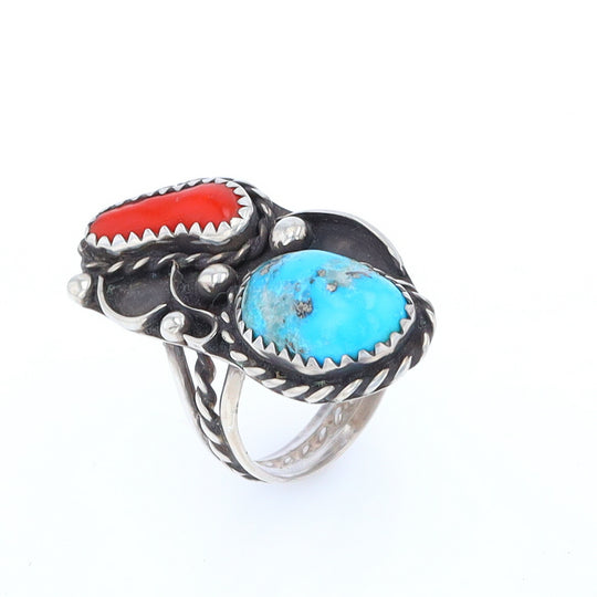 Freeform Turquoise and Coral Silver Rope Ring