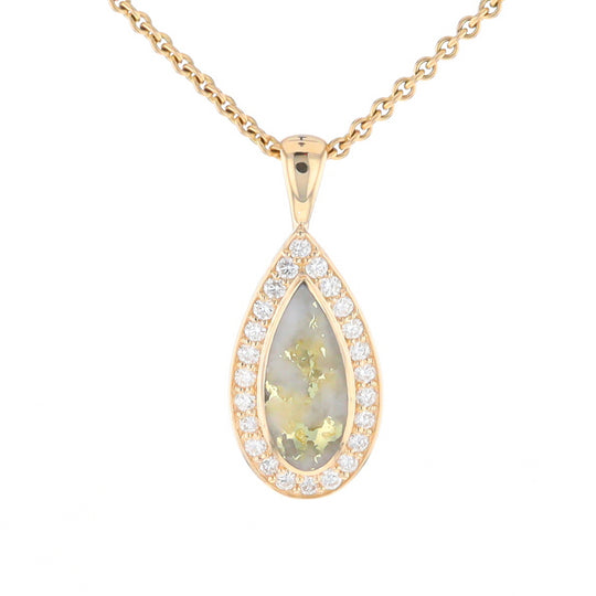 Gold Quartz Pendant Tear Drop Inlaid .42ctw Diamond Halo Design