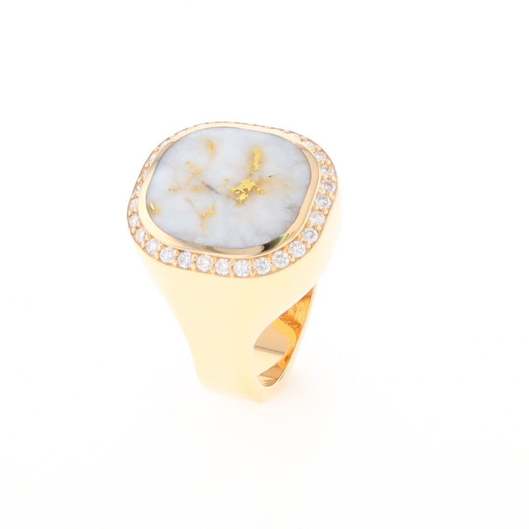 Gold Quartz Cushion Inlaid Men's Ring with Diamond Halo