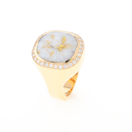 Gold Quartz Cushion Inlaid Men's Ring with Diamond Halo