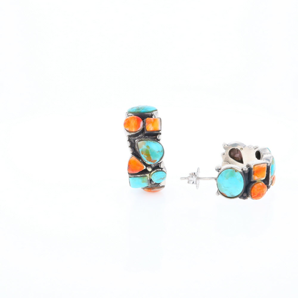 Turquoise & Spiny Oyster Semi-Hoop Stud Earrings