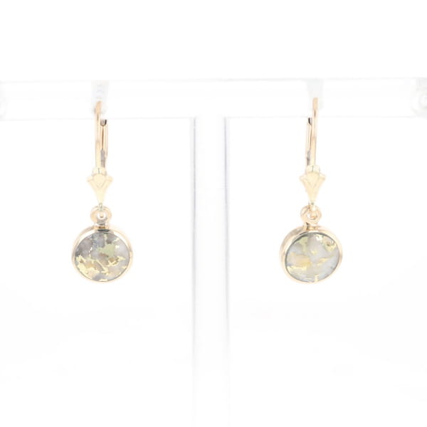 Gold Quartz Earrings Round Inlaid Design Lever Backs