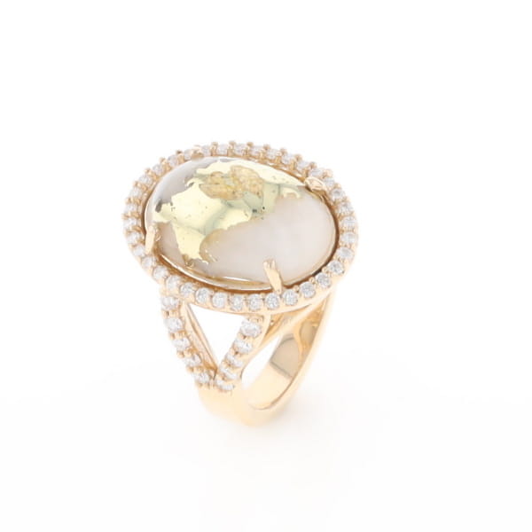 Gold Quartz Ring Oval Cabochon 0.65ctw Round Diamonds Halo