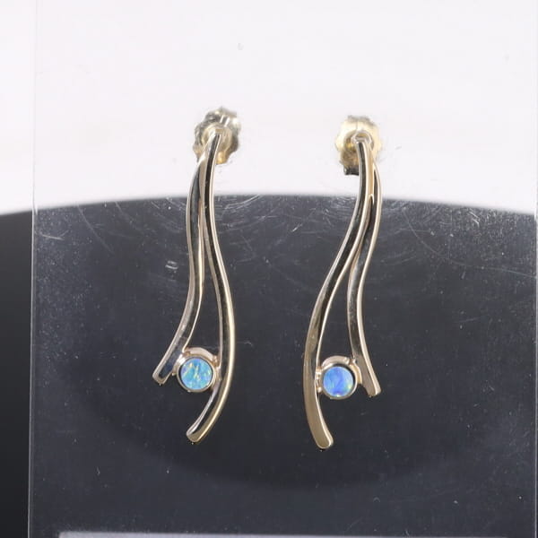 Opal Earrings Round Inlaid Double Curved Bar Design Studs