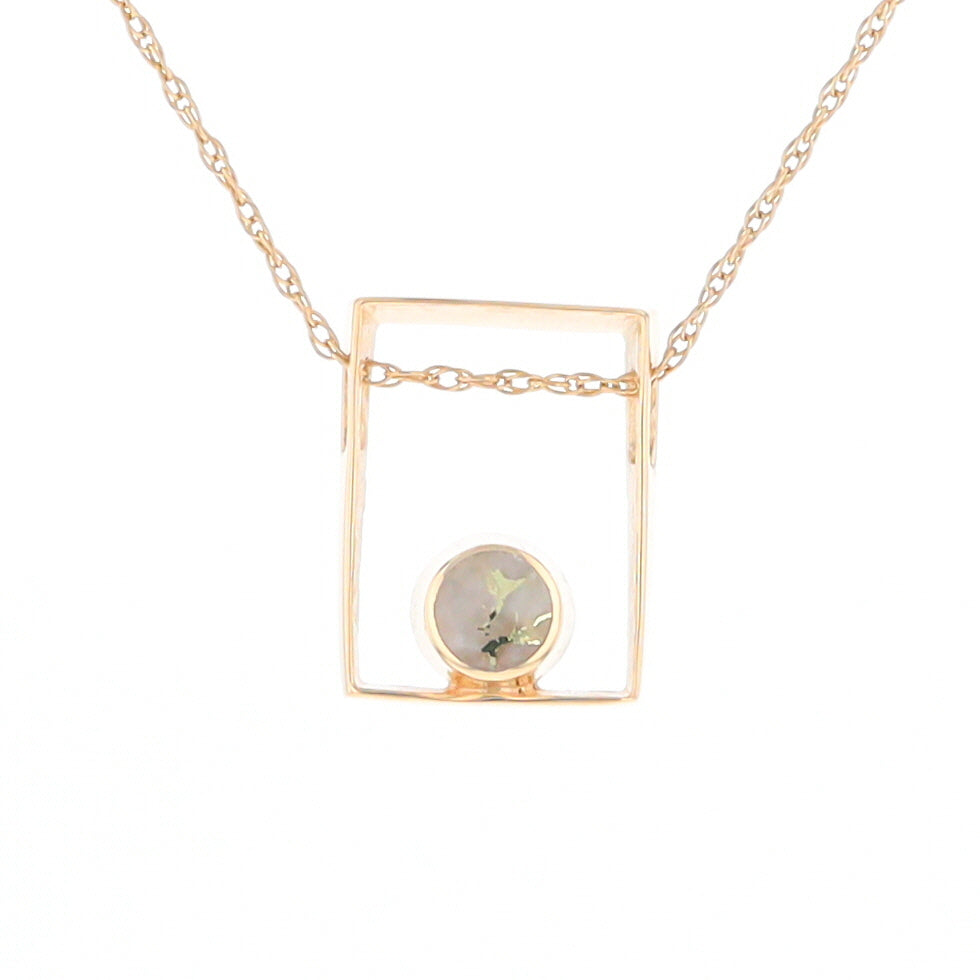 Gold Quartz Necklace Round Inlay Open Rectangle Design Pendant