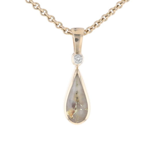 Gold Quartz Pendant Tear Drop Inlaid Design with .02ct Diamond