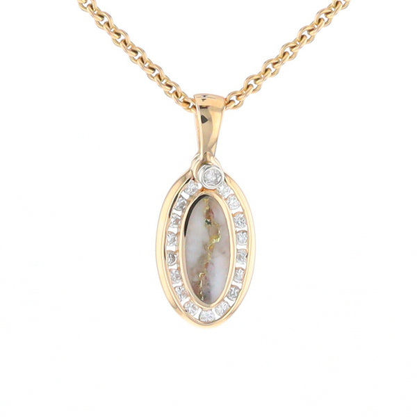 Gold Quartz Pendant Oval Inlaid with .22ctw Round Diamonds Halo